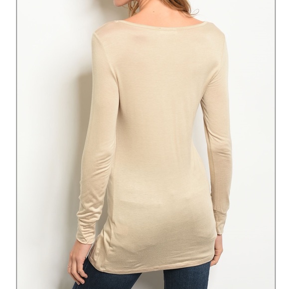 Beige khaki scoop neck long sleeve tunic t-shirt - Picture 2 of 8